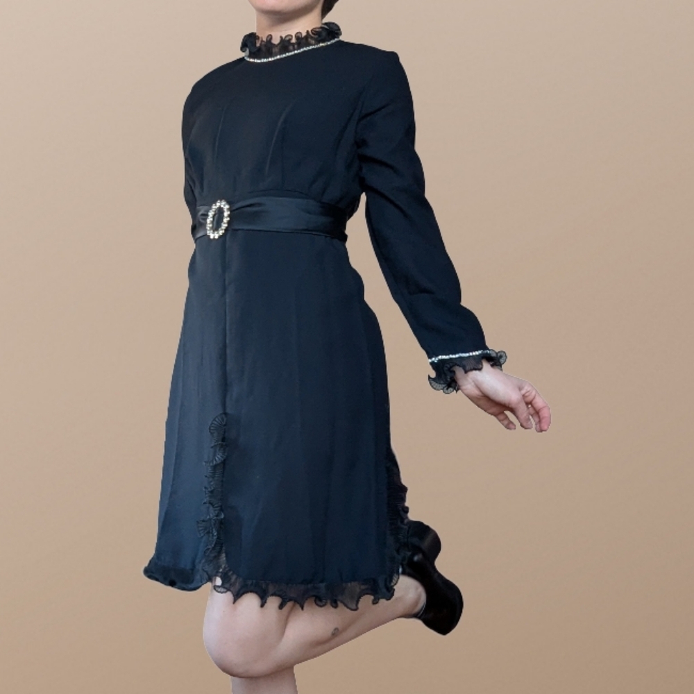 Vintage 60s Romantic Audrey Hepburn Black Dress with Ruffle Trim & Rhinestones